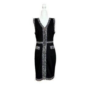 Karl Lagerfeld Paris Size 10 Tweed Trim Zip Front Stretch Midi Dress Black NWT
